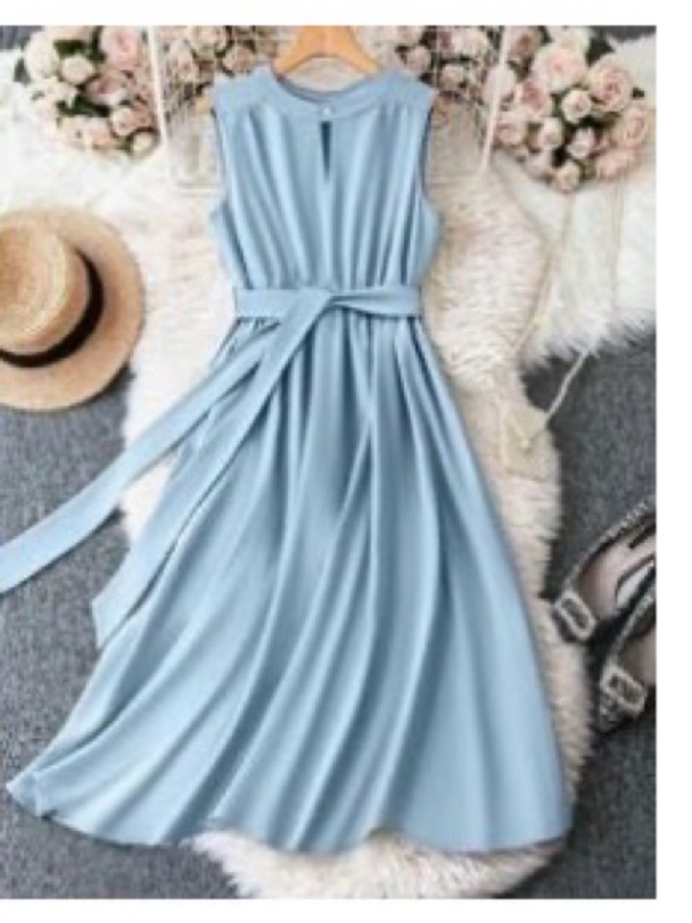 SHEIN Sleeveless Light Blue Tie-Waist Maxi Dress